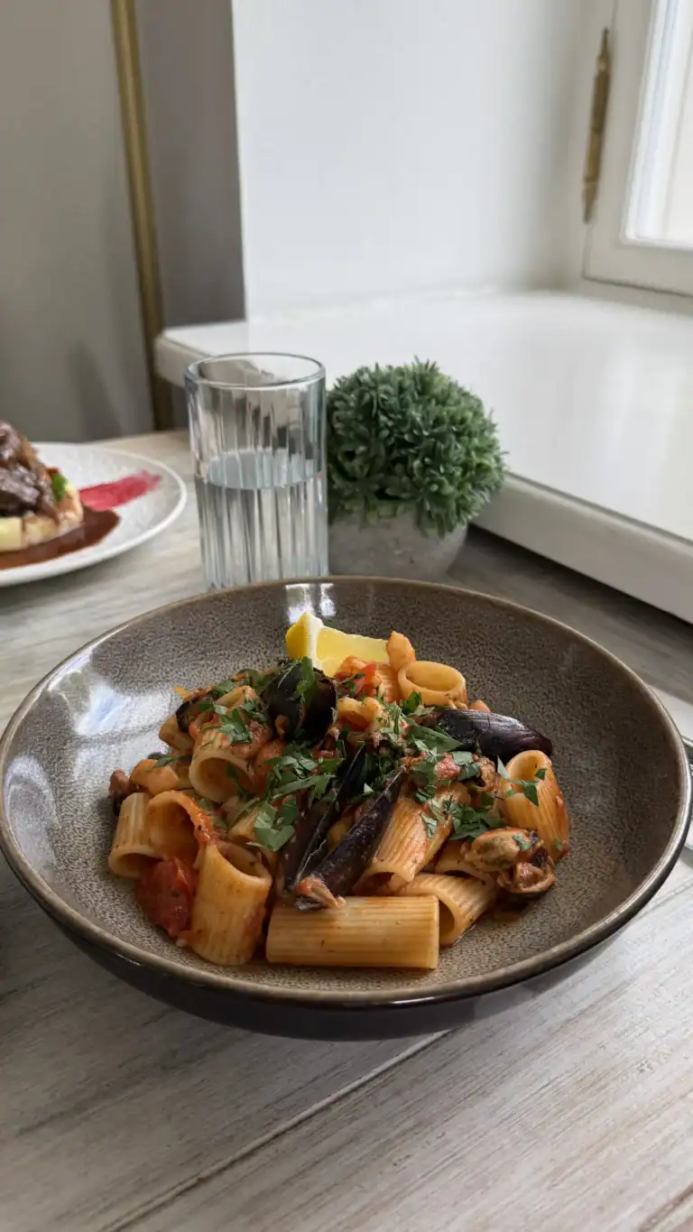 Pasta mereandidega Teine pearoog, mida sain proovida, oli Mereanni Arrabiata – pasta vürtsikas tomatikastmes rikkaliku mereannivalikuga. Ja ausalt öeldes… see oli hitt! 🍤🍅 Tomatikaste oli piisavalt vürtsikas, aga mitte nii, et keelt kõrvetaks. Mõnus kerge tulisus, mis pigem soojendab, mitte ei tapa maitset. Mereannid – krevetid, karbid ja muud head – olid küpsetatud täiuslikult. Ei mingit kummist tekstuuri, vaid mahlased ja värsked. See on see roog, mida tahaks sügisel tellida, klaas veini kõrvale ja lihtsalt nautida, kuidas elu on hea.