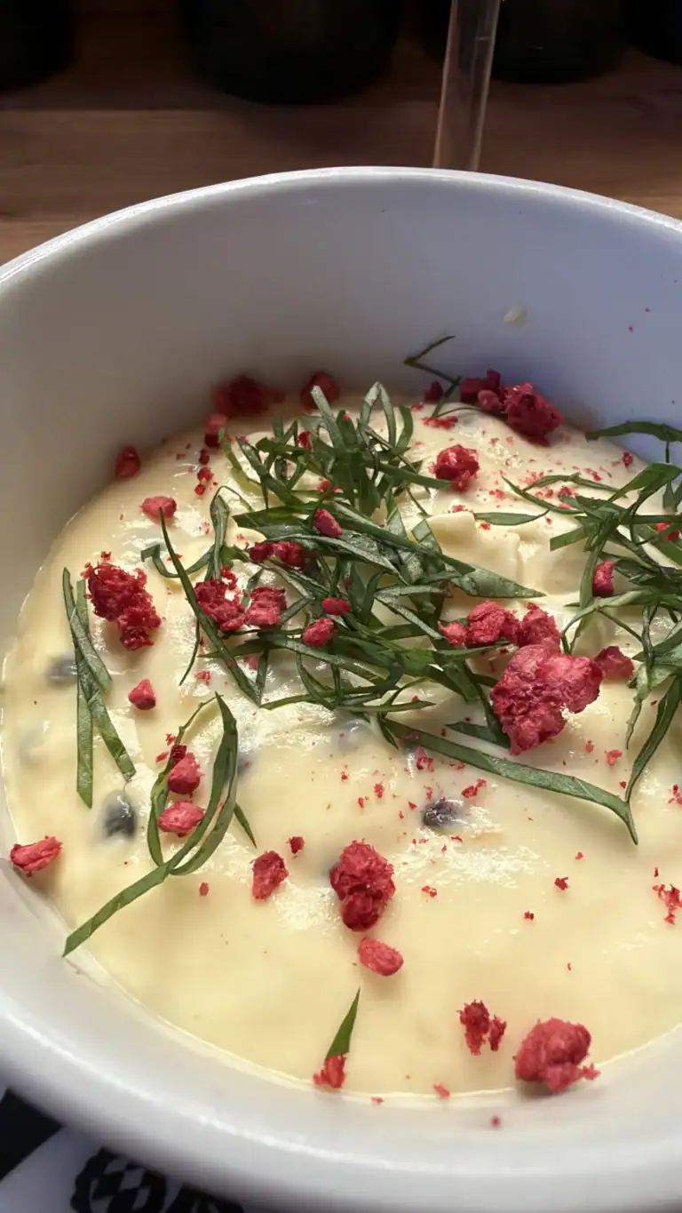 Passion fruit mousse with fresh basil at SALT restaurant in Tallinn