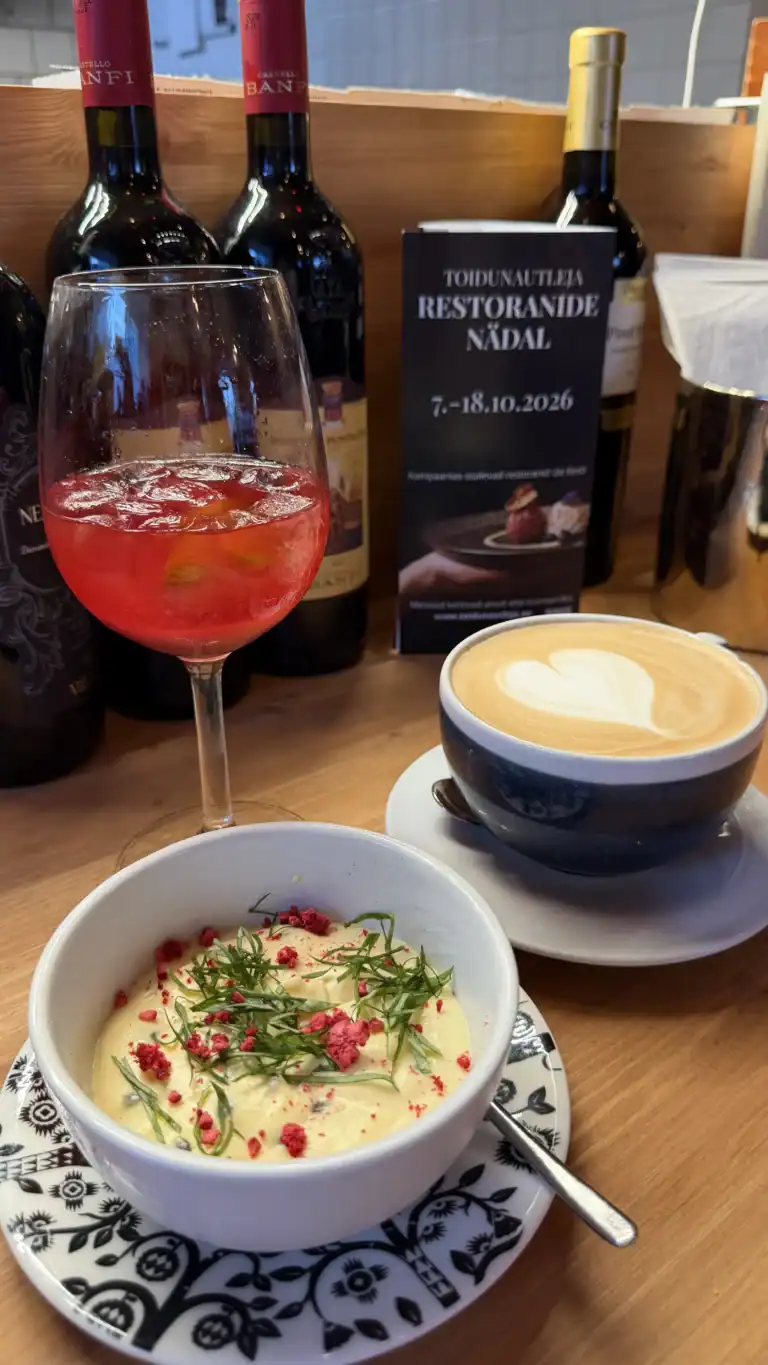 Passion fruit mousse with fresh basil at SALT restaurant in Tallinn
