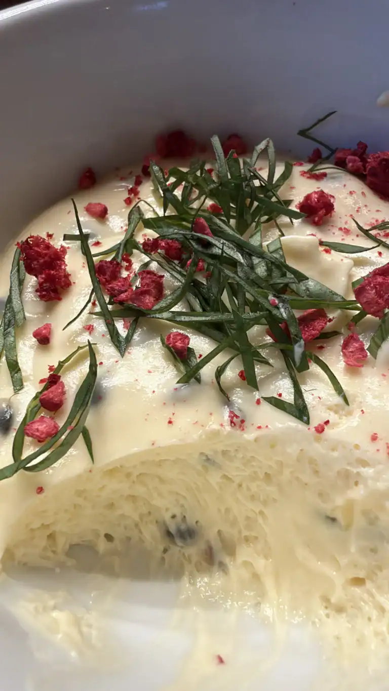 Passion fruit mousse with fresh basil at SALT restaurant in Tallinn